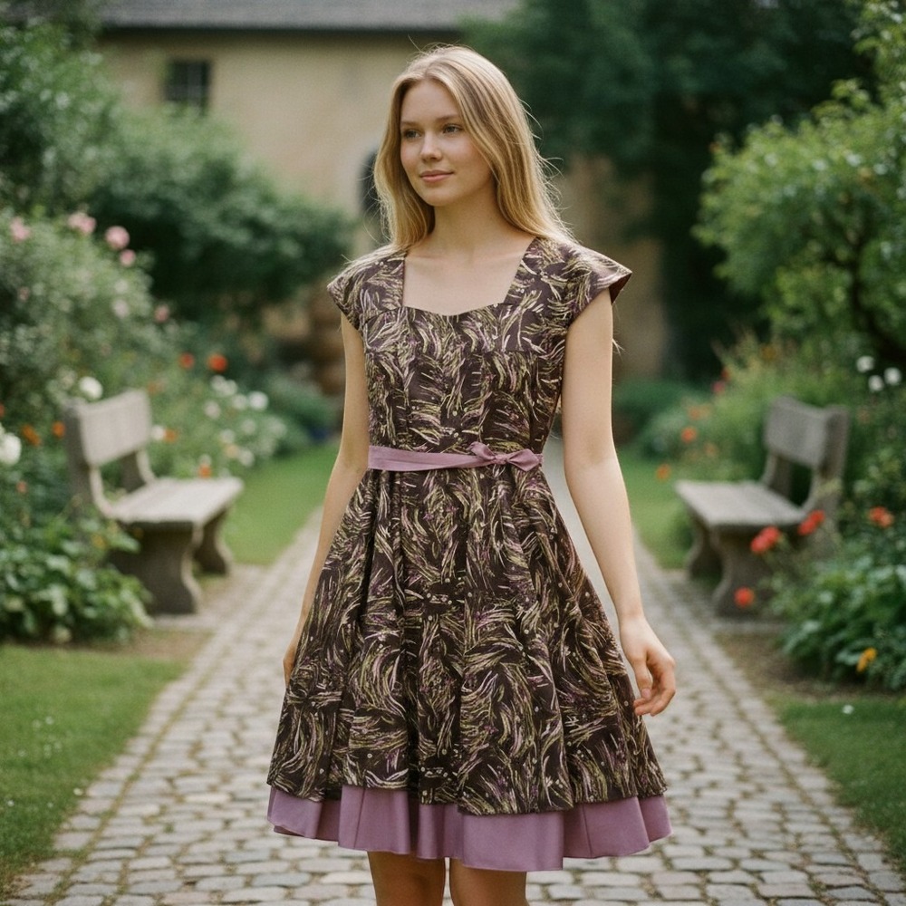 Handmade Craftsmanship Vintage Style Floral Wheat Print Fit Flare dress